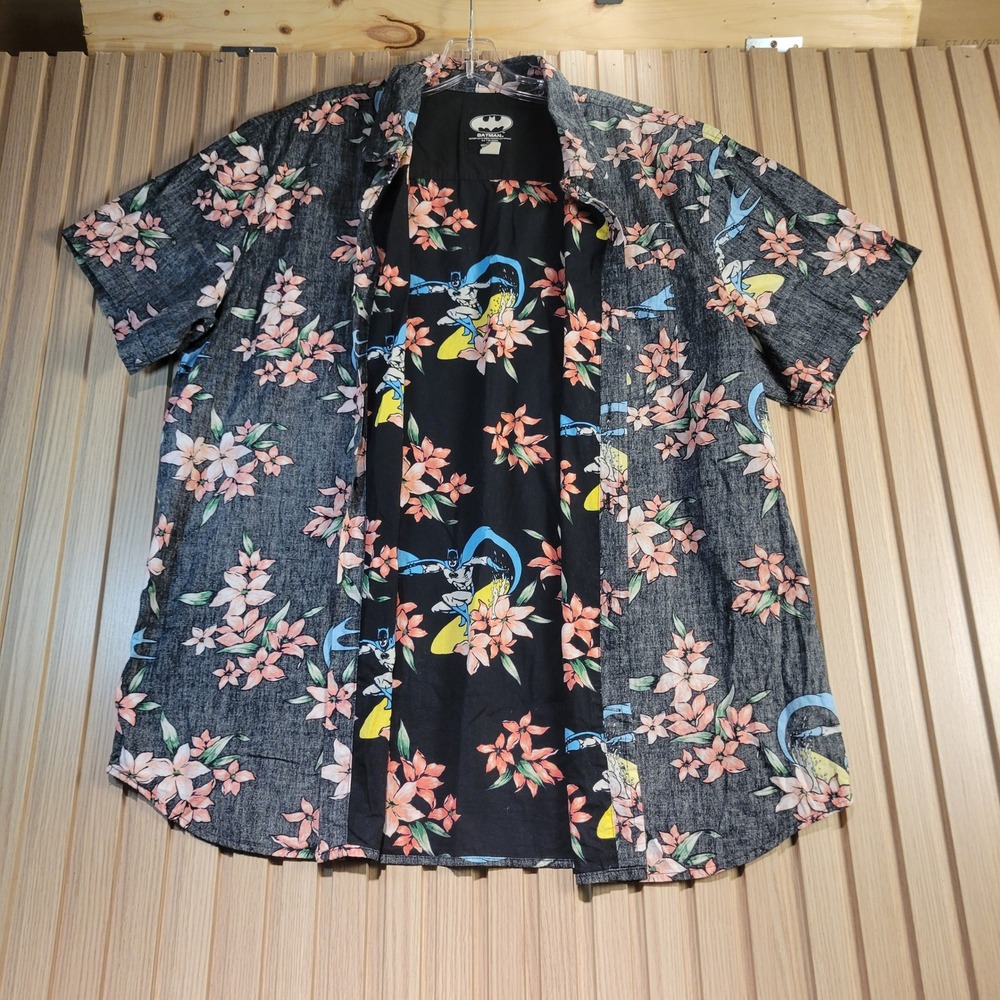 Batman DC Comics Mens 2XL Surfing Floral Tropical Button Down Cotton Shirt Gray